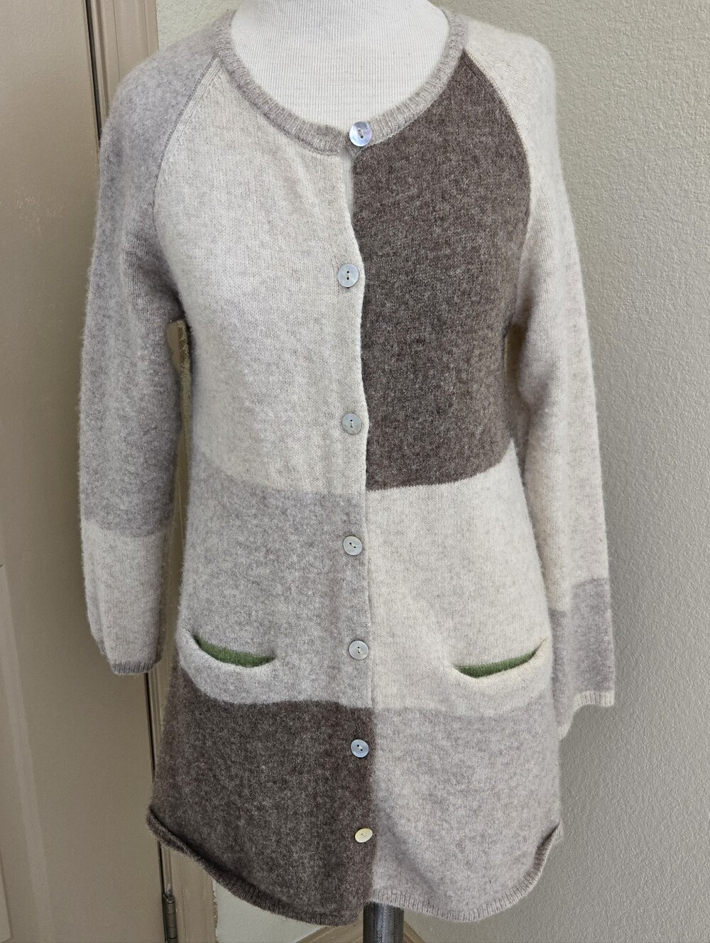 Gudrun Sjoden Patchwork wool shrll buttons cardigan sweater S